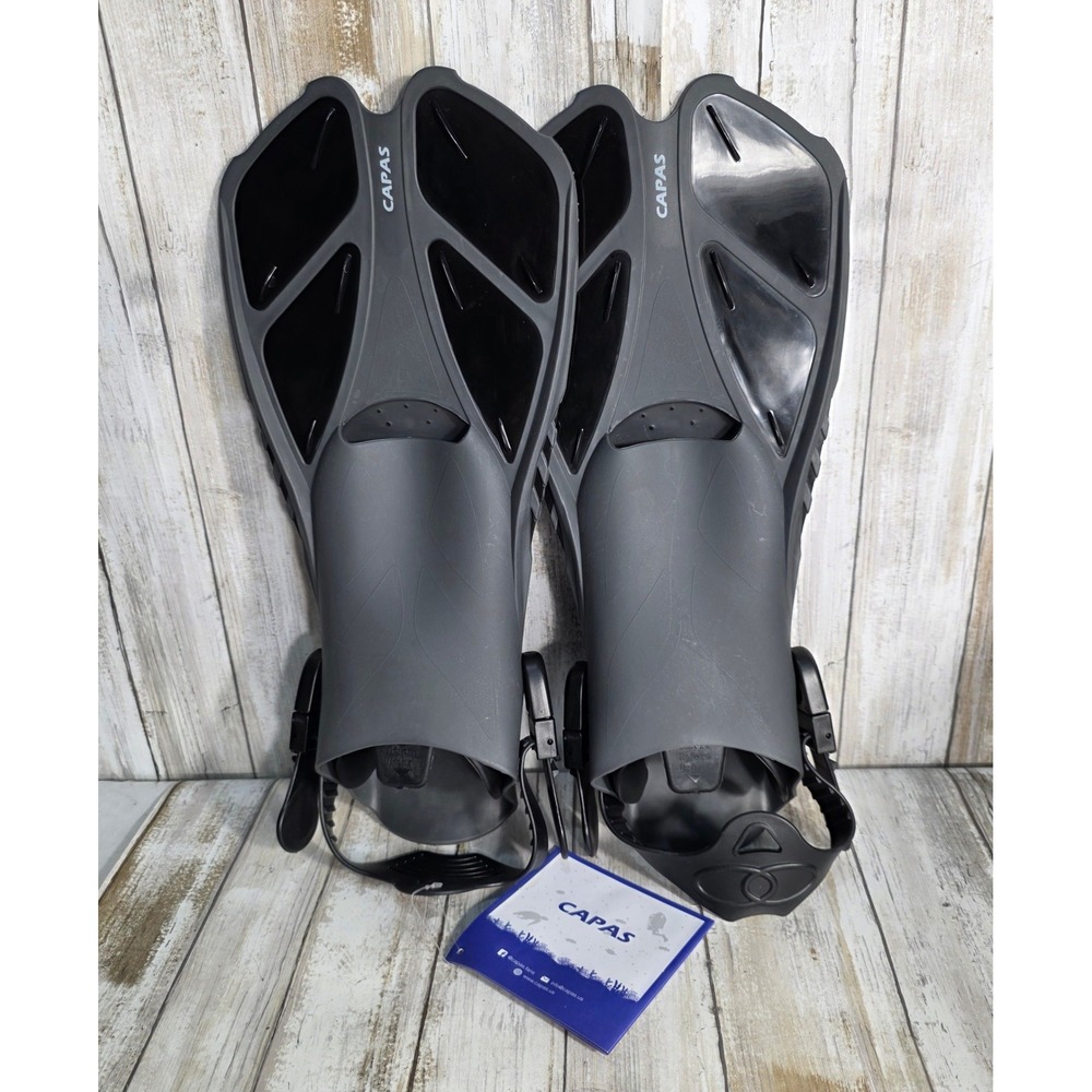 CAPAS Snorkel Fins Gray Black Open Heel Adjustable Swim Flippers ML XL 9-13 NEW